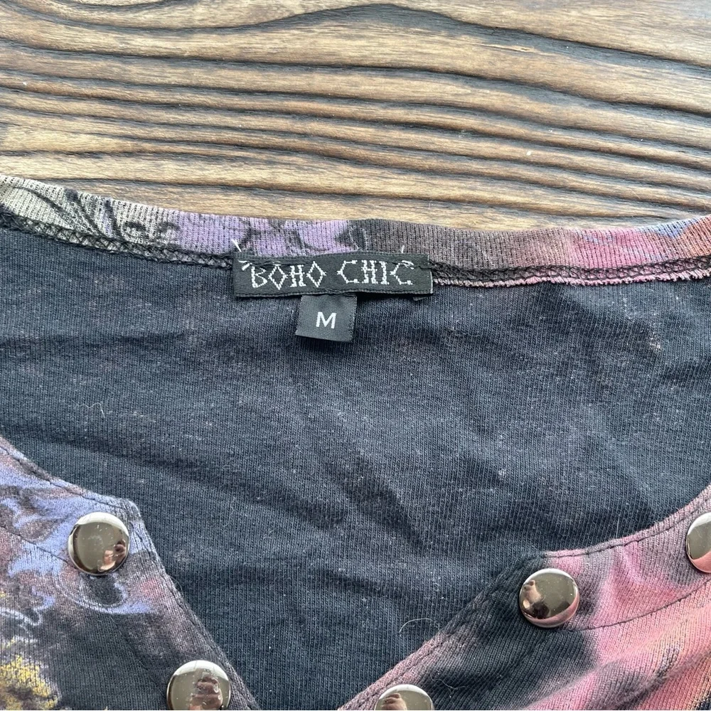Boho Chic y2k Mixed-Print Art Studded Long Sleeve Tee in Black & Purple - Picture 3 of 4